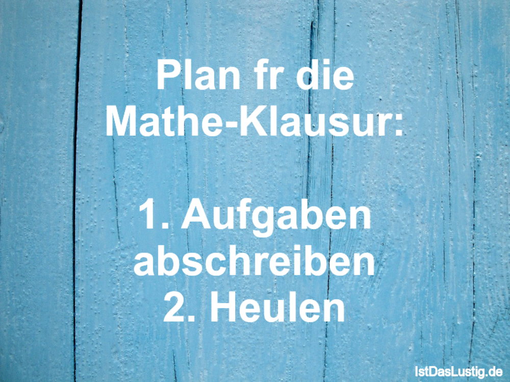 Lustiger BilderSpruch - Plan für die Mathe-Klausur:  1. Aufgaben...