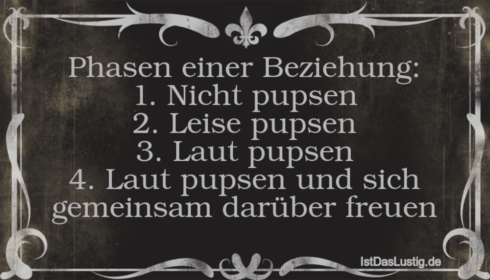 Lustiger BilderSpruch - Phasen einer Beziehung: 1. Nicht pupsen 2. Leis...